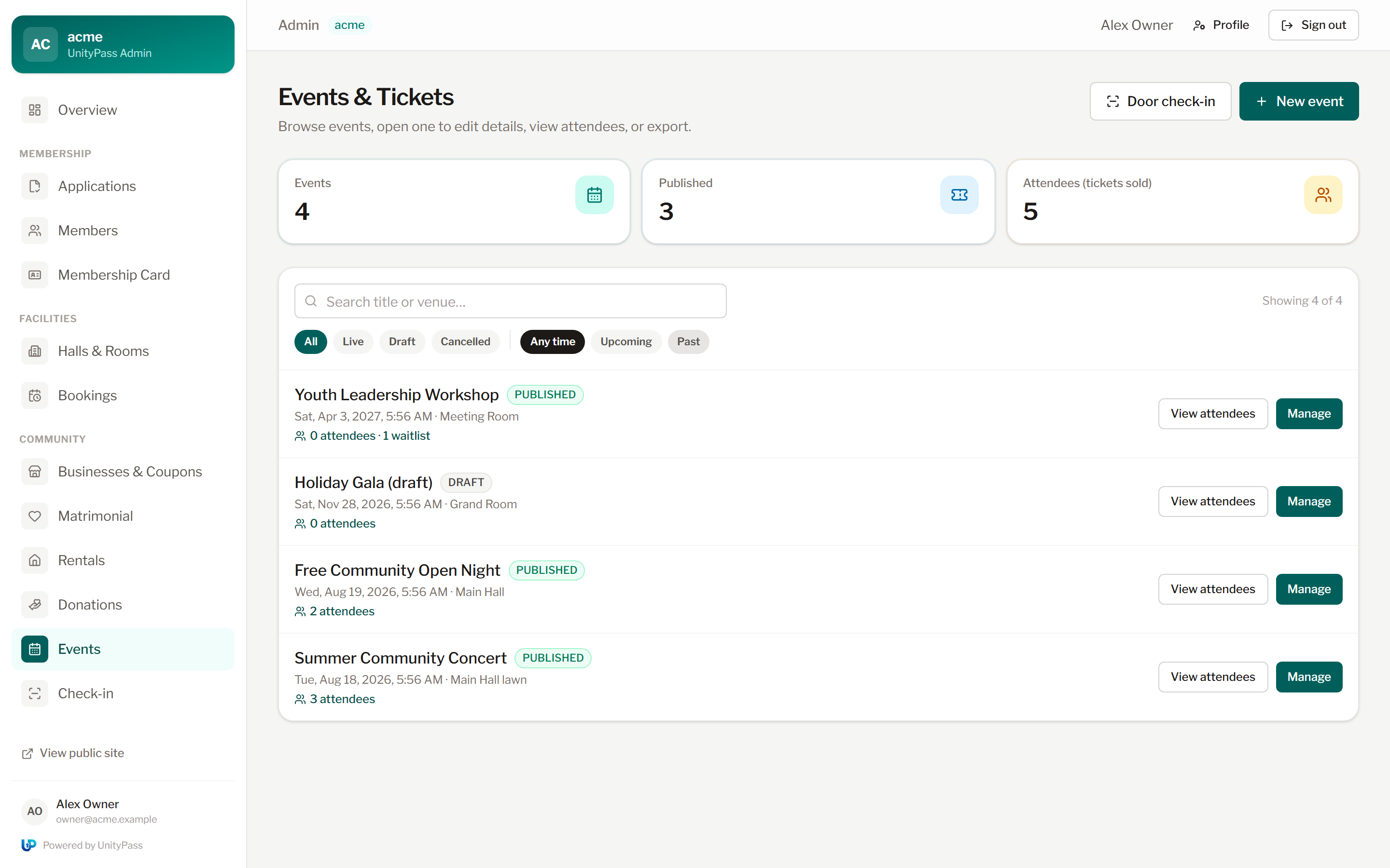 Event admin screenshot